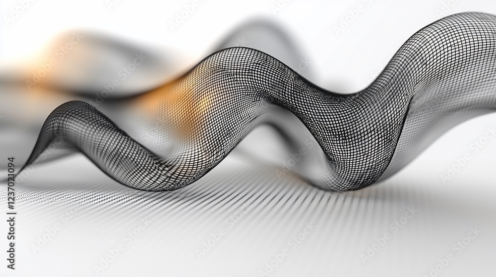 Poster abstract flowing dark gray wave on white background with orange glow.