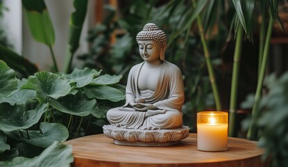 Serene Buddha statue surrounded by lush greenery and a glowing candle in tranquil setting