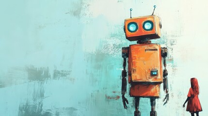 A child and a robot looking at each other in a painted surreal illustration