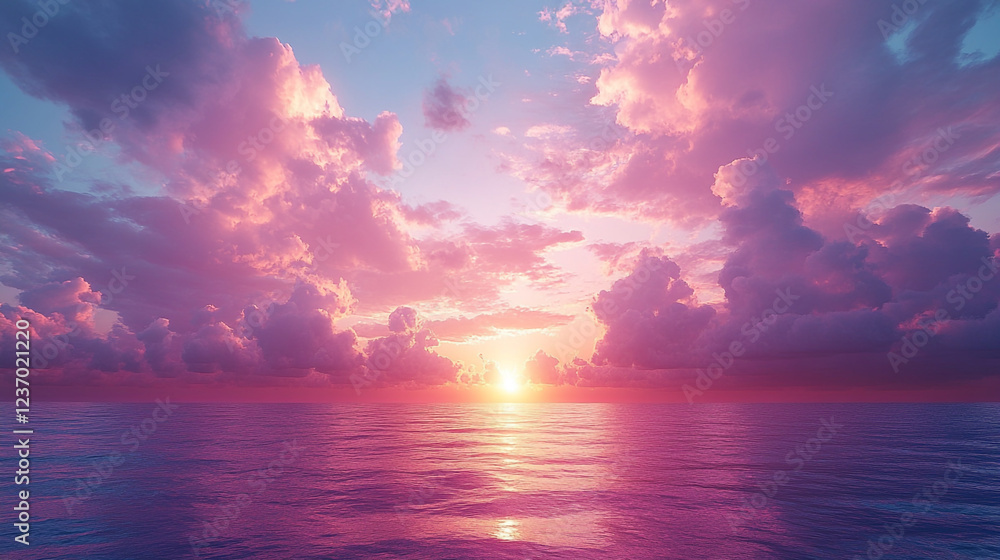 Poster sunset over the ocean with colorful clouds creating a serene atmosphere