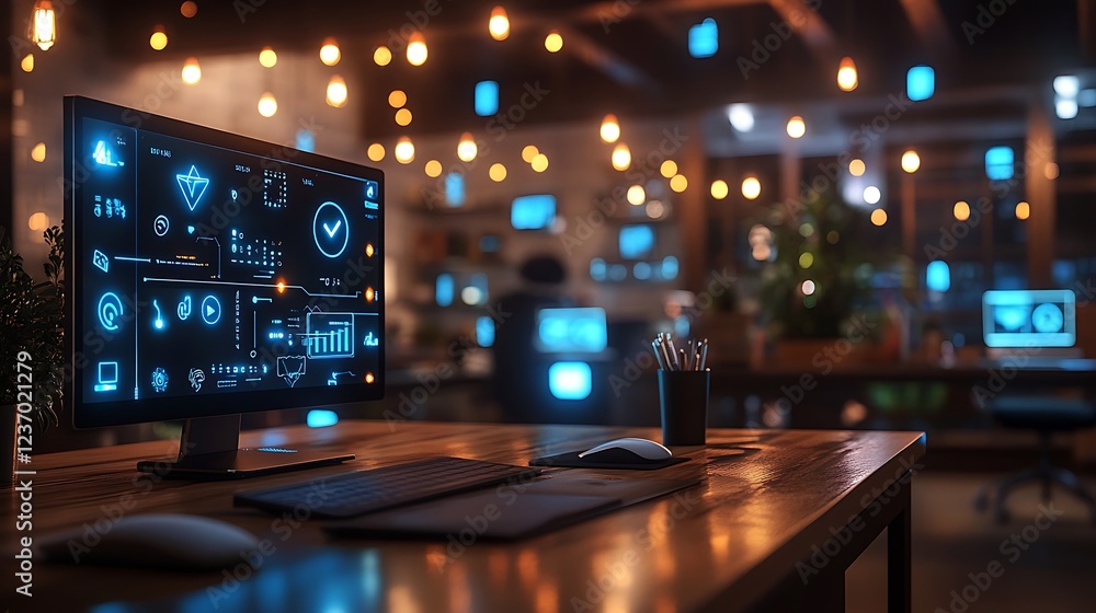 Aufkleber futuristic computer screen displaying digital data on a wooden desk in a modern office at night.