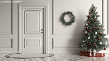 Elegant Christmas Interior: White Room with Decorated Tree