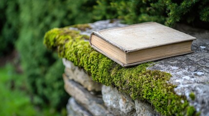 A single weathered book rests on a moss-covered stone ledge, evoking stories of the past amidst lush greenery.