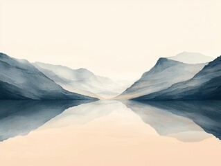 Minimalist pastel landscape with mountains and a calm lake