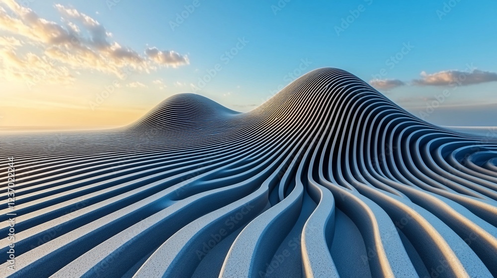 Poster abstract futuristic landscape with smooth curves and lines under sunset sky.