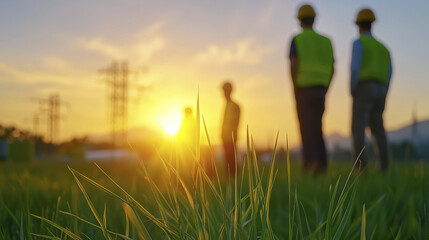 Construction workers discussing plans at sunset in field