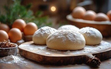 Fototapeta premium Bread dough rising with ingredients on wooden table in cozy kitchen during morning light