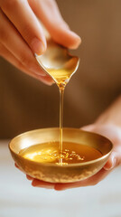 Golden ayurvedic ritual: close-up of hand pouring oil into bowl for holistic healing and wellness
