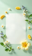 Obraz premium Floral arrangement with lemon slices and blank paper background