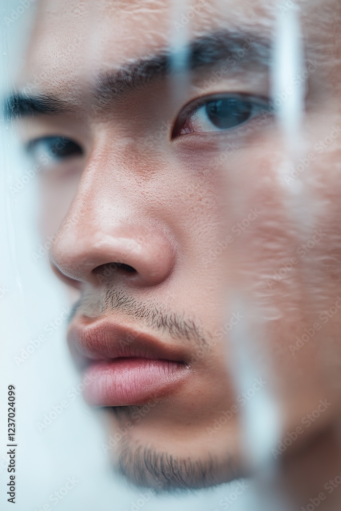 Poster a face partially visible through frosted glass showcases intriguing light distortions and soft focus