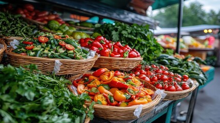 Obraz premium Colorful food market showcasing international cuisines eye-level view vibrant colors natural light copy space
