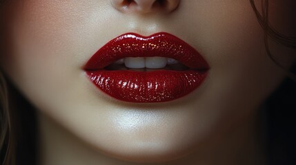 Fototapeta premium Close-up of beautiful, full female lips with a natural glossy finish in a dark, luxurious setting highlighting elegant tones and textures