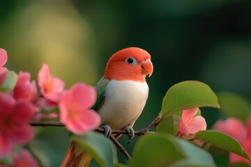 Colorful parrot perched on branch in vibrant nature scene soft evening light eye-level perspective highlighting curiosity