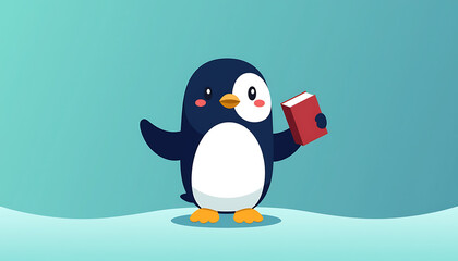 Naklejka premium Animated penguin holding a book against a teal background