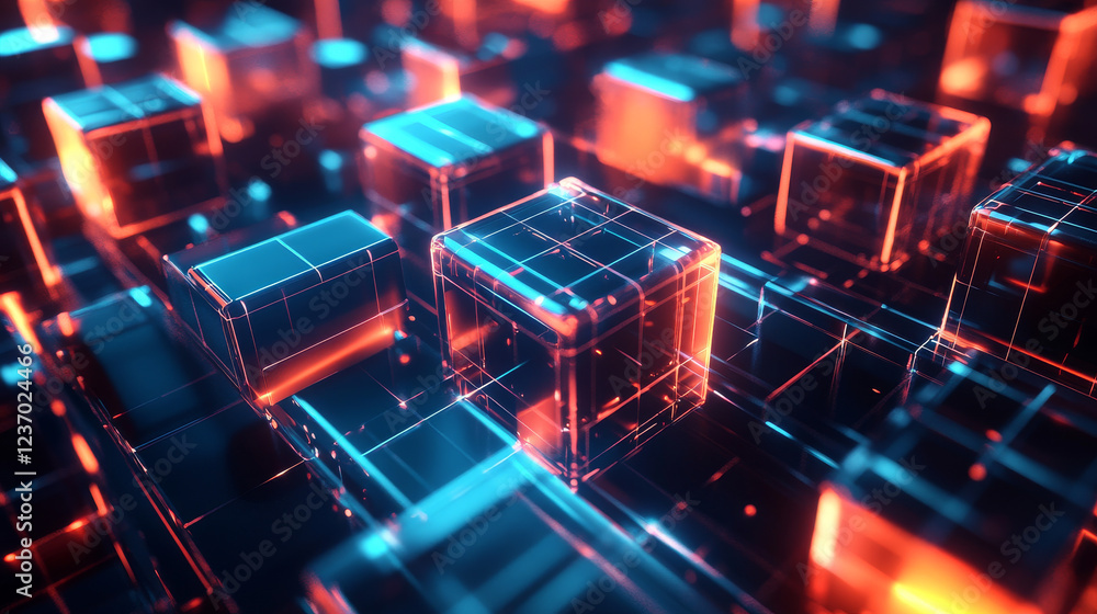 Aufkleber futuristic 3d render illustration technology background. abstract structure with glowing cubes.