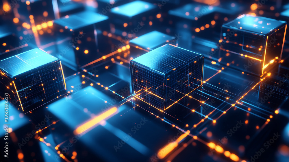 Aufkleber futuristic 3d render illustration technology background. abstract structure with glowing cubes.