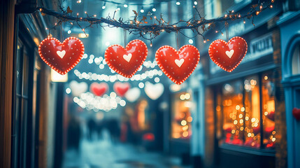 Colorful heart decorations illuminate a charming street during a festive celebration at night