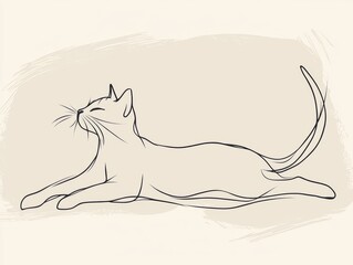 Minimalist line drawing of a cat stretching, showcasing a graceful and relaxed pose.