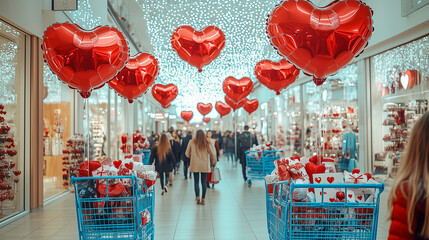 Bright red heart balloons float above shoppers in a festive mall decorated for a celebration of love and affection