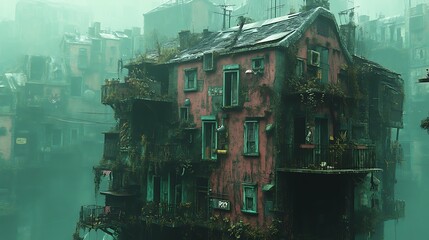 Overgrown apartment building in a foggy, dystopian city.