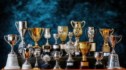An elegant display of gleaming trophies on a podium, Trophy scene, Elegant style