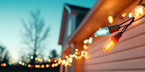 Obraz premium Colorful christmas lights adorning a house at dusk captured from the street warm inviting glow festive atmosphere