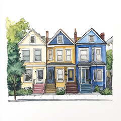 A watercolor of colorful century homes in Halifax, Nova Scotia with a charming neighborhood view.