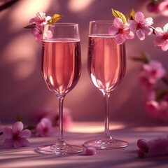 two glasses with pink sparkling drink, decorated with delicate sakura flowers. 