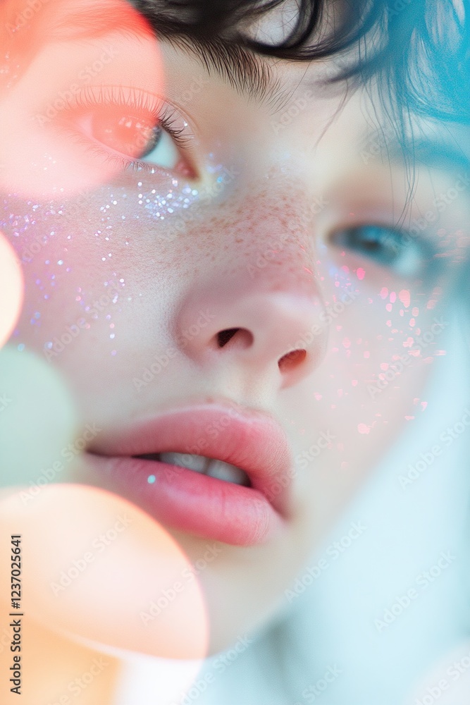 Poster a captivating portrait showcases a subject's face enveloped in soft-focus layers. vibrant lens effec