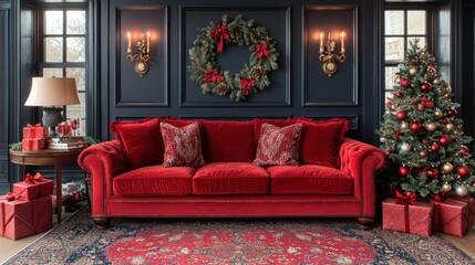 Naklejka premium A Luxurious Christmas Living Room with Red Velvet Sofa