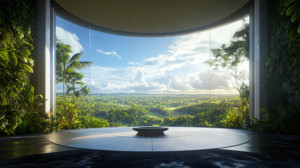 Fototapeta premium Spacious circular room with large porthole window overlooking a green landscape 360 panorama vr environment map. 3D Illustration