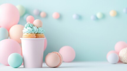 Pastel birthday cupcakes, balloons, party