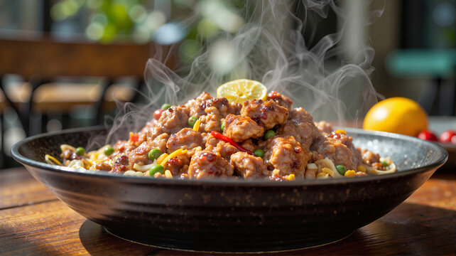 Sizzling sisig served on hot plate in sunny outdoor setting, culinary delight