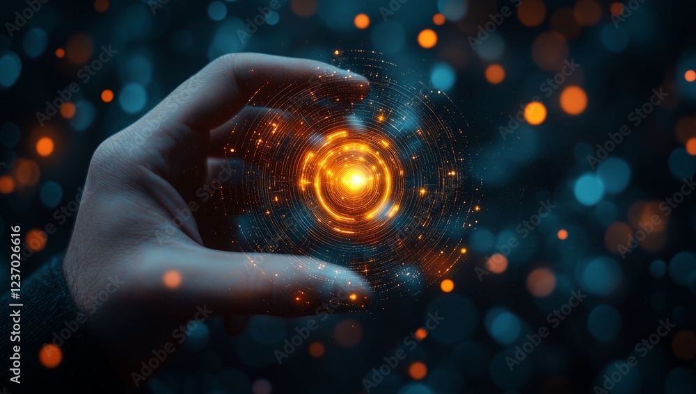 Poster creating energy in a cosmic setting with glowing particles and lights in hand at night