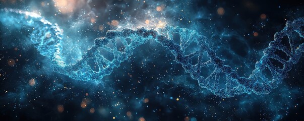 Abstract depiction of a glowing helical molecular structure in a cosmic background