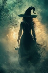 Mysterious witch in a forest casting a spell with a glowing cauldron.