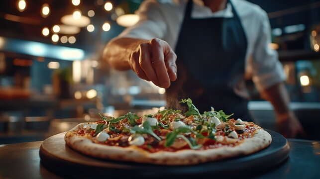 Hands of chef adding fresh greens and toppings to hot pizza