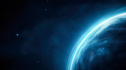 Obraz premium Stunning depiction of a blue-tinted planet in space with illuminated atmosphere against a starry cosmic background.