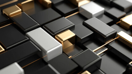 black dark low key luxury silver gold and white abstract objects background. 3d render illustration