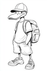 Obraz premium Cool cartoon duck character wearing a cap, t-shirt, and backpack, ready for adventure.