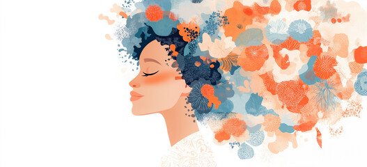 Abstract floral hair artistry: woman's profile blending with vibrant flowers and colors.