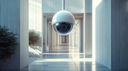 A futuristic 3D white security camera with a rotating lens, installed in a sleek hallway with minimal design