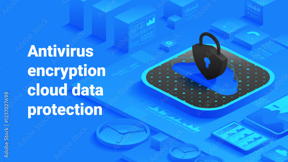 Poster antivirus encryption and cloud data protection padlock on a blue cloud, secure data storage and cybe