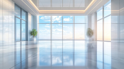 Fototapeta premium bright view of office window front with sky and refelections on glossy stone floor 3d render illustration