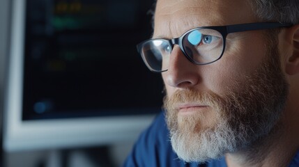 A focused surgeon wearing scrubs and glasses, illuminated by a soft glow in a high-tech operating room, exuding calm concentration.
