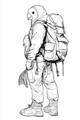 A male hiker in a parrot mask and backpack, exuding a playful yet adventurous spirit.