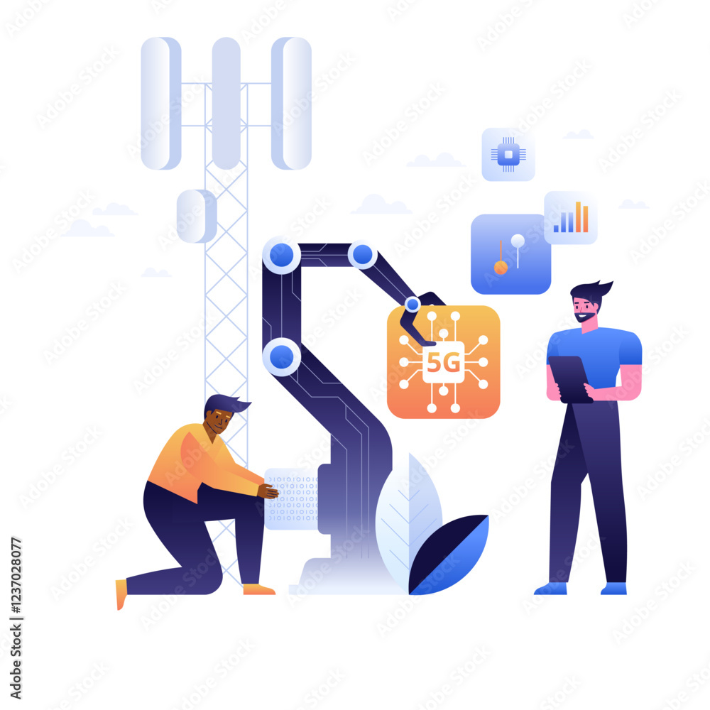 Poster 5g technology integration. technician and robotic arm integrating 5g network tower, emphasizing the 