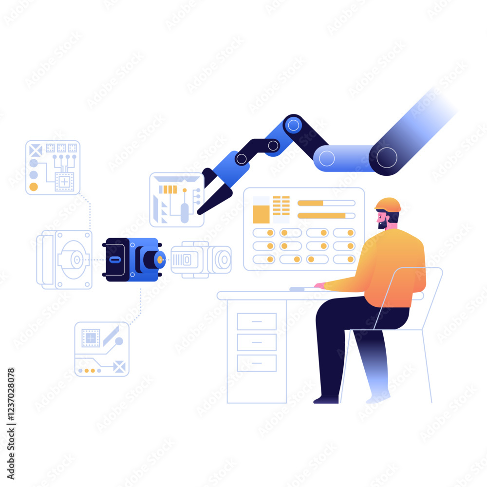 Poster augmented reality vs. virtual reality. technician operates a robotic arm with a control panel. integ