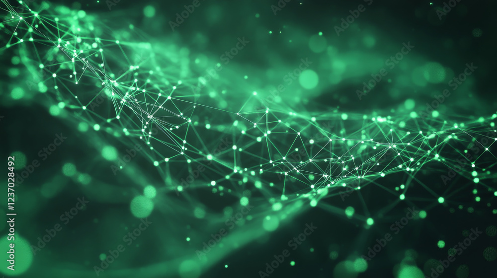 Poster abstract green technology point mesh network in dark space 3d render illustration