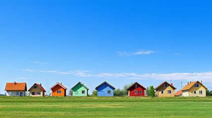 Small houses line up in a countryside scene with a bright blue sky overhead.